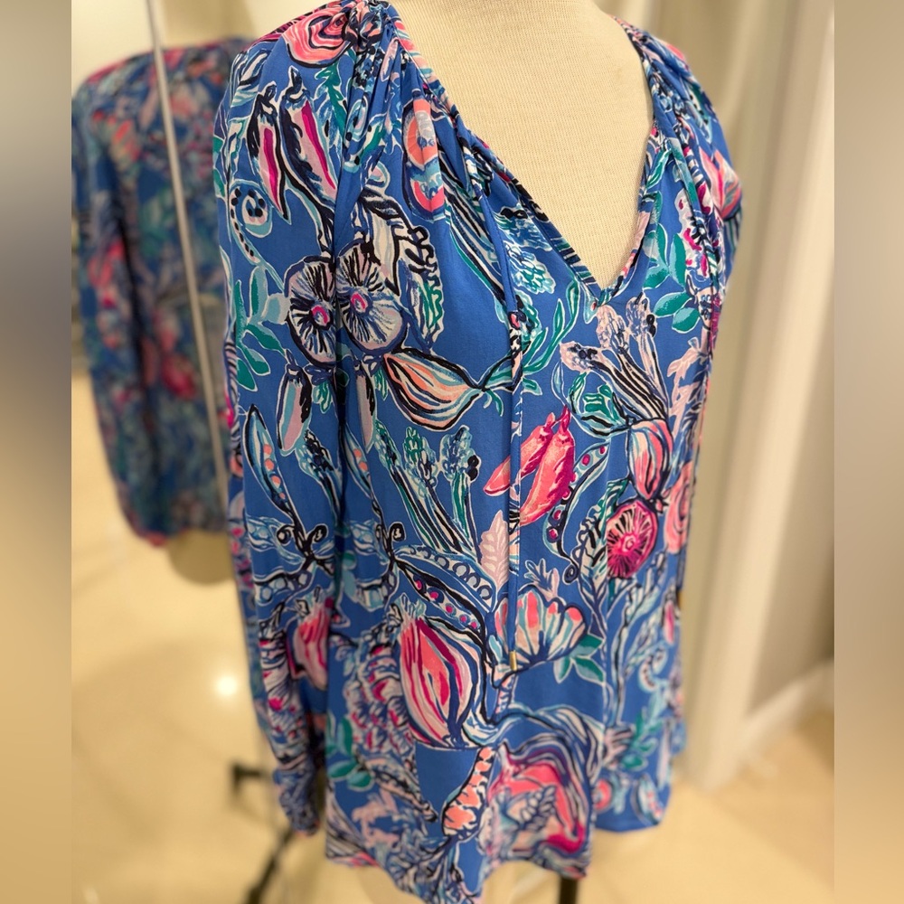 💙 Lilly Pulitzer Willa Top Long Sleeve loose lightweight top washable Size XS